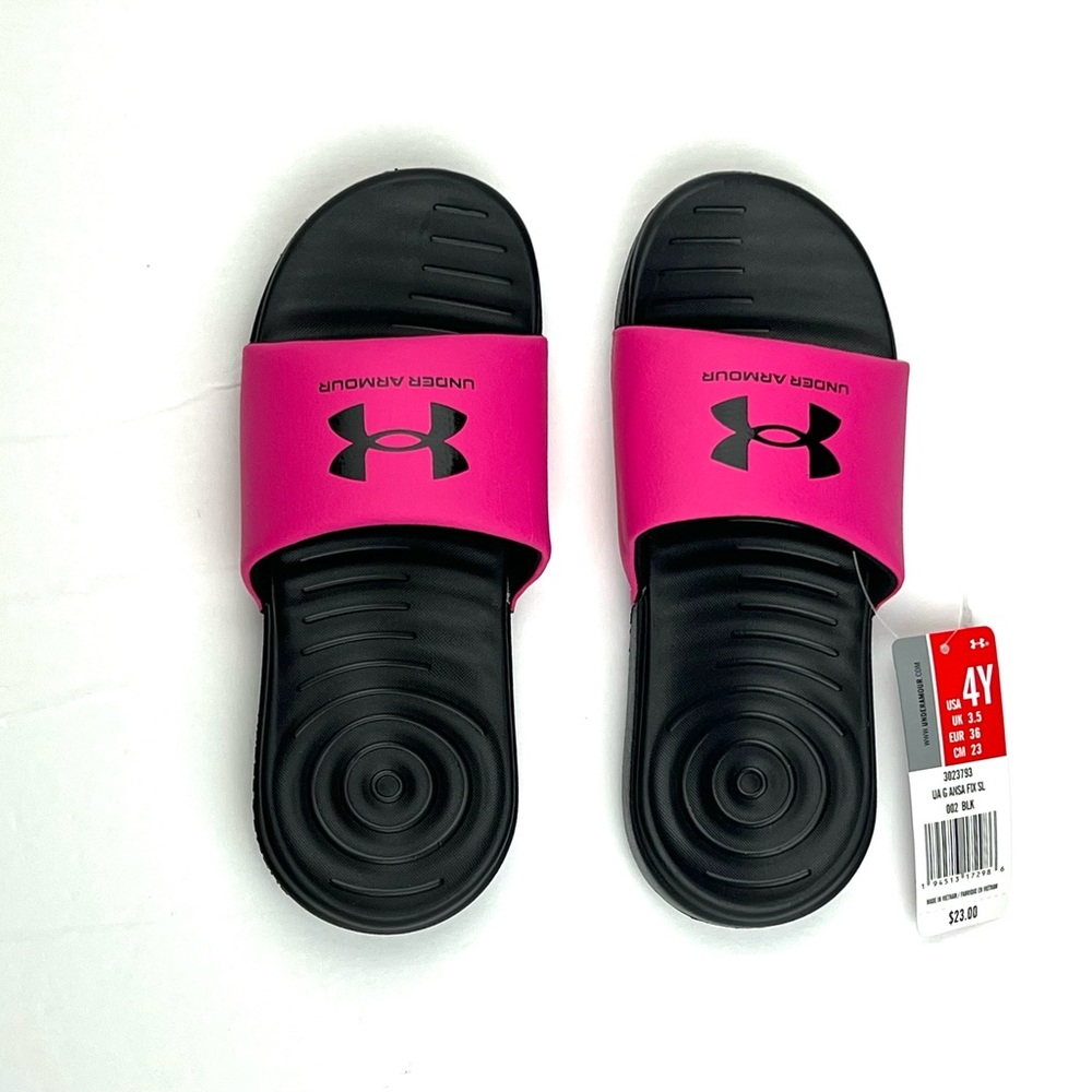 Under Armour 3023793-002 Girl's Ansa Fixed Slides Pink Black Kids Youth Size 4Y